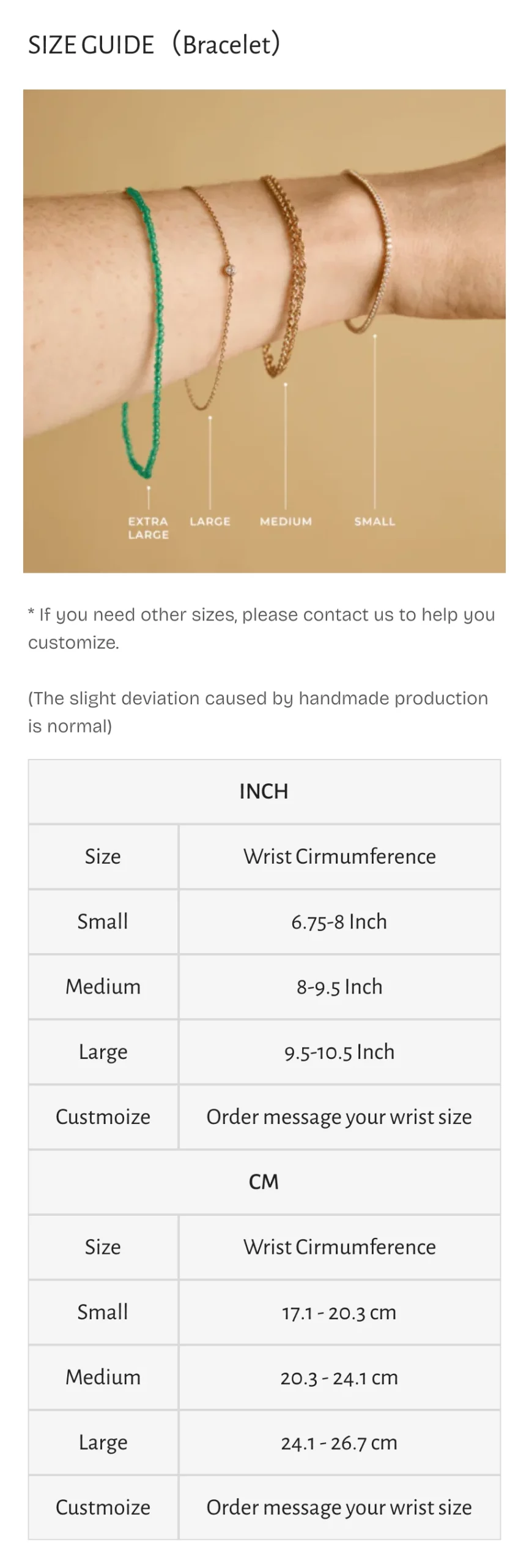 Bracelet size guide chart showing small, medium, large sizing with wrist circumference measurements in inches and centimeters, featuring hand model wearing multiple bracelet styles