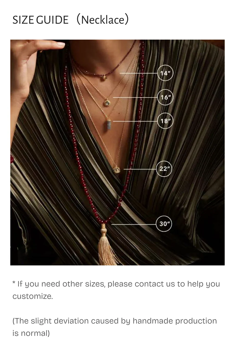 Necklace size guide chart showing five different chain lengths - 14 inch, 16 inch, 18 inch, 22 inch, and 30 inch demonstrated on model wearing layered necklaces with garnet beads and tassel pendant