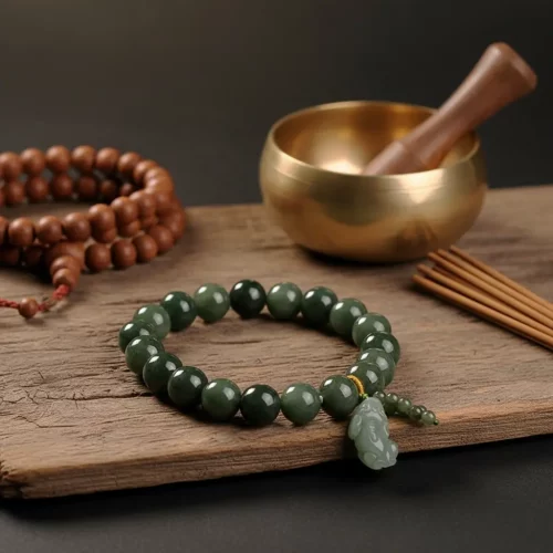 Ancient prayer beads with jade bracelet still life