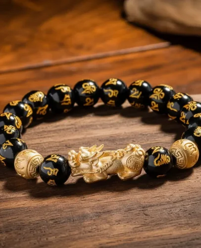 Black Mantra Pixiu Bracelet Wood Background Black Mantra Pixiu Bracelet Wood Background
