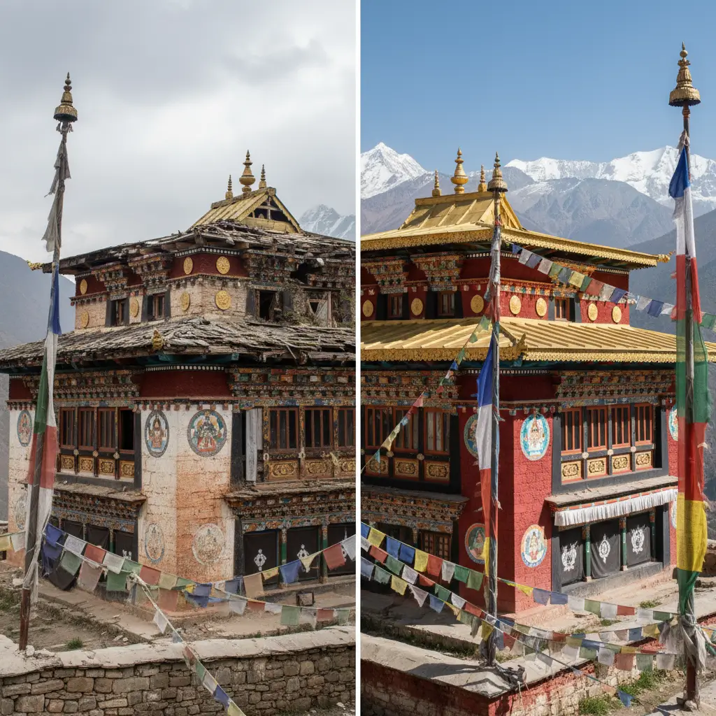 Buddhist temple restoration before and after funded by customer donations