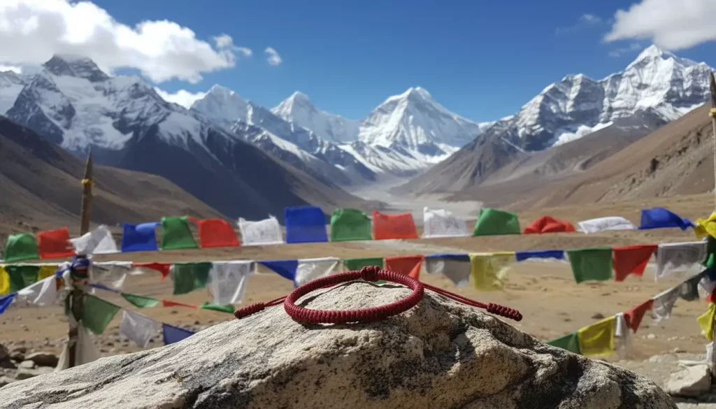 Burgundy Buddhist Lucky Rope Bracelet Himalayan Mountain Prayer Flags Scene Burgundy Buddhist Lucky Rope Bracelet Himalayan Mountain Prayer Flags Scene