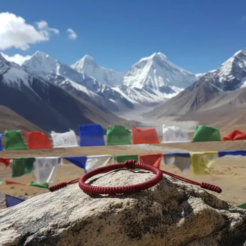 Burgundy buddhist lucky rope bracelet himalayan mountain prayer flags scene
