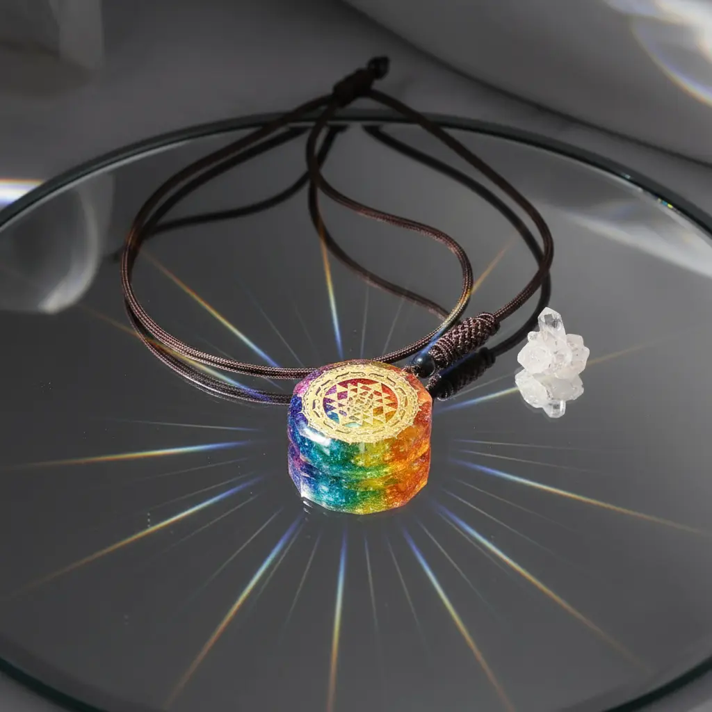 Chakra Orgonite Necklace_Mirror Background Chakra Orgonite Necklace_Mirror Background