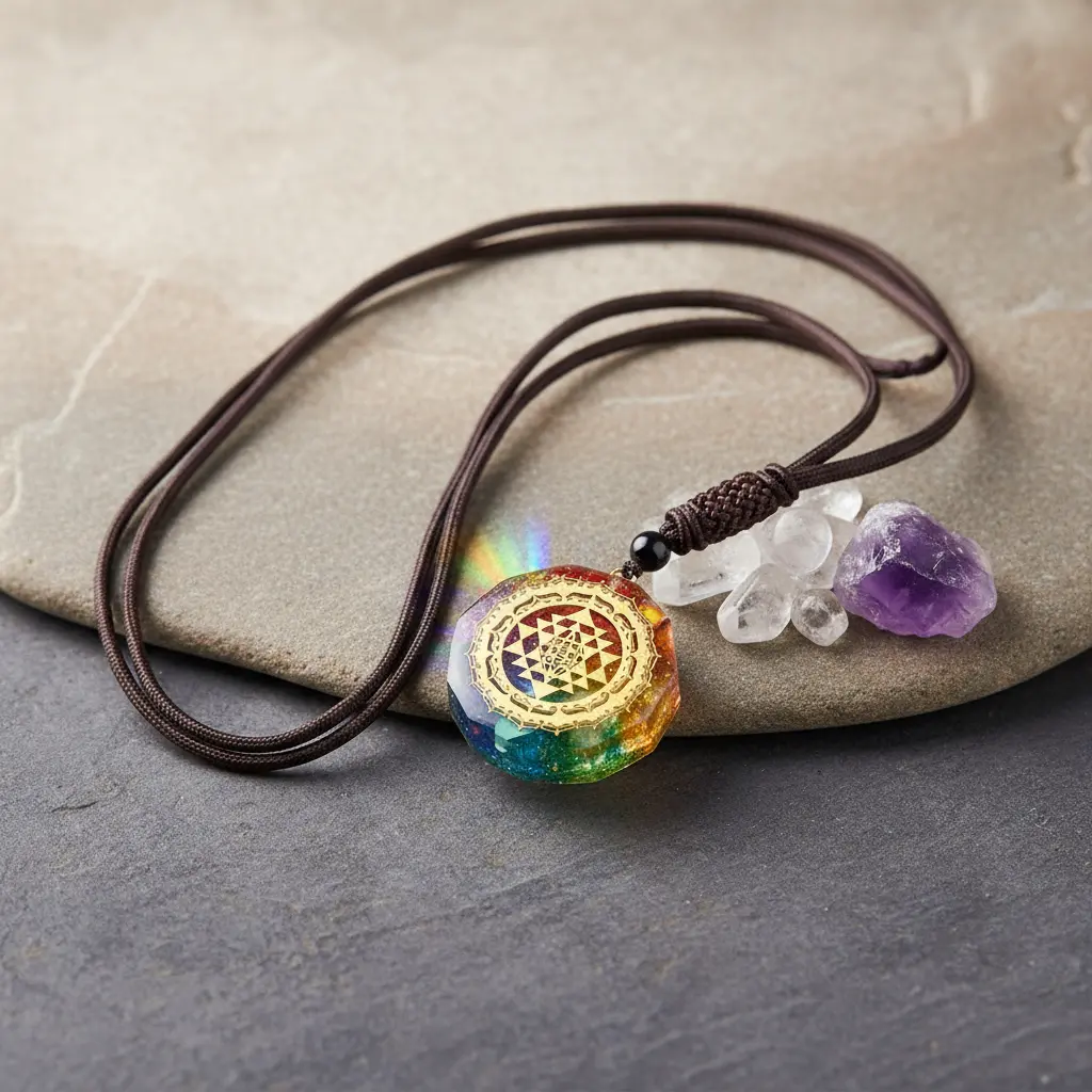 Chakra Orgonite Necklace_Natural Stone Gradient Background Chakra Orgonite Necklace_Natural Stone Gradient Background