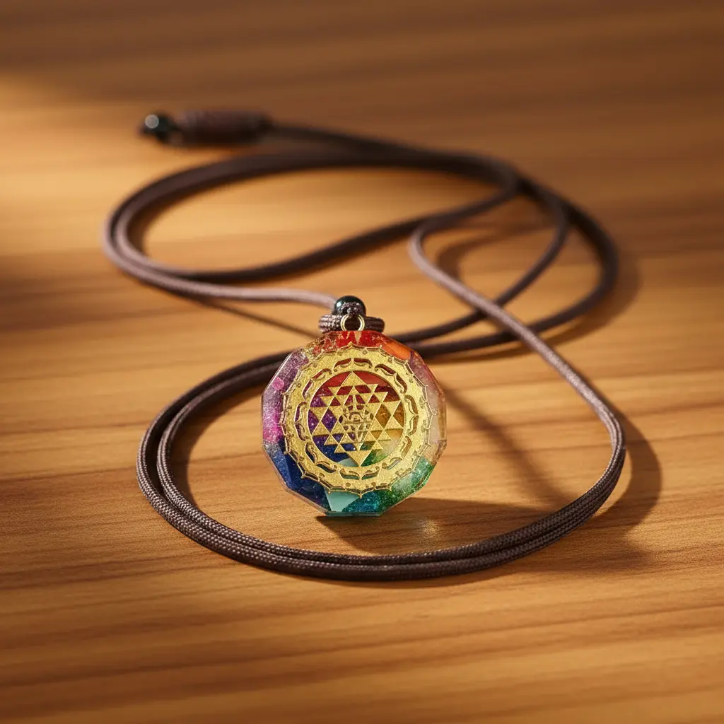 Chakra Orgonite Necklace_Wooden Background Chakra Orgonite Necklace_Wooden Background