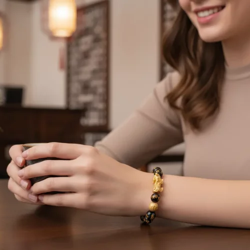Golden Pixiu Black Obsidian Mantra Bracelet