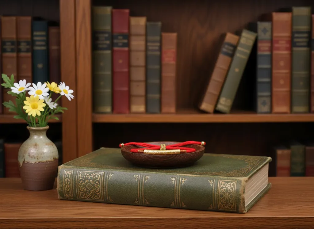 Handcrafted Red String Buddhist Bracelet on Vintage Book with Flowers Handcrafted Red String Buddhist Bracelet on Vintage Book with Flowers