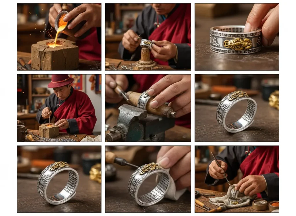Handmade Tibetan Ring Making Traditional Jewelry Craftsmanship Tibetan artisan in traditional clothing handcrafting silver Pixiu rings in authentic workshop