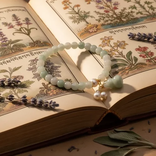 Jade wu lou bracelet with pearls on tibetan medical manuscript​