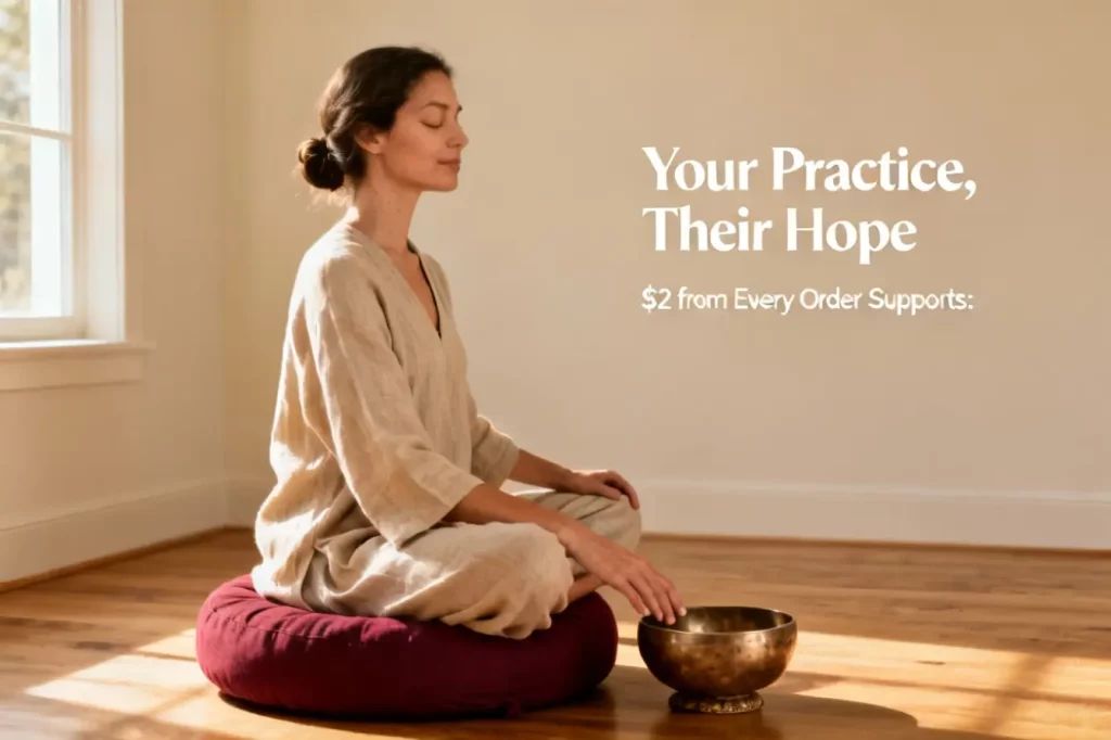 Meditation practice with singing bowl supporting buddhist charity