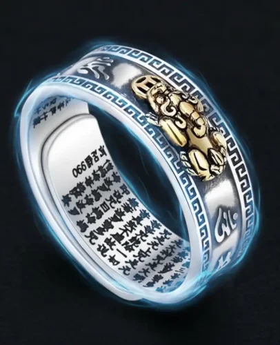 Pixiu Ring Om Mani Padme Hum Mantra Buddhist Jewelry Glowing silver Pixiu ring with blue spiritual energy aura effect showing metaphysical power