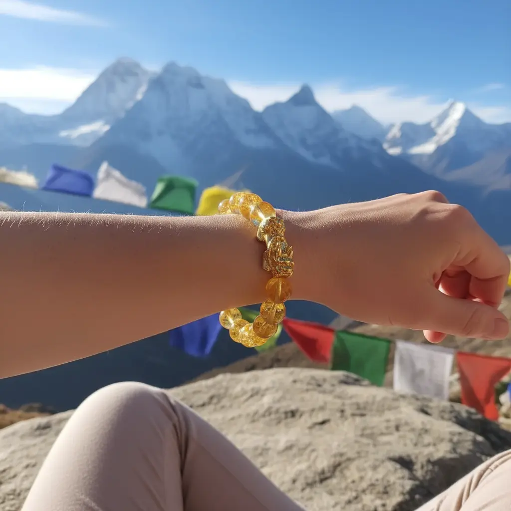 Pixiu bracelet in a high-altitude yoga scene Pixiu bracelet in a high altitude yoga scene