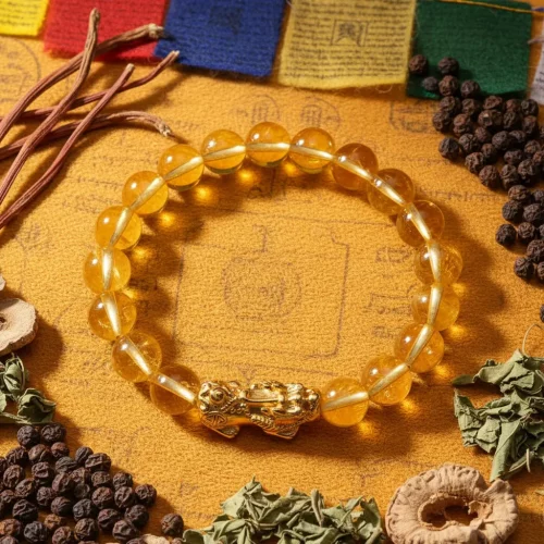 Pixiu bracelet with saffron and prayer flag background