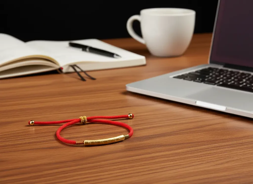 Red String Tibetan Buddhist Bracelet with Six True Words Mantra on Office Desk Red String Tibetan Buddhist Bracelet with Six True Words Mantra on Office Desk