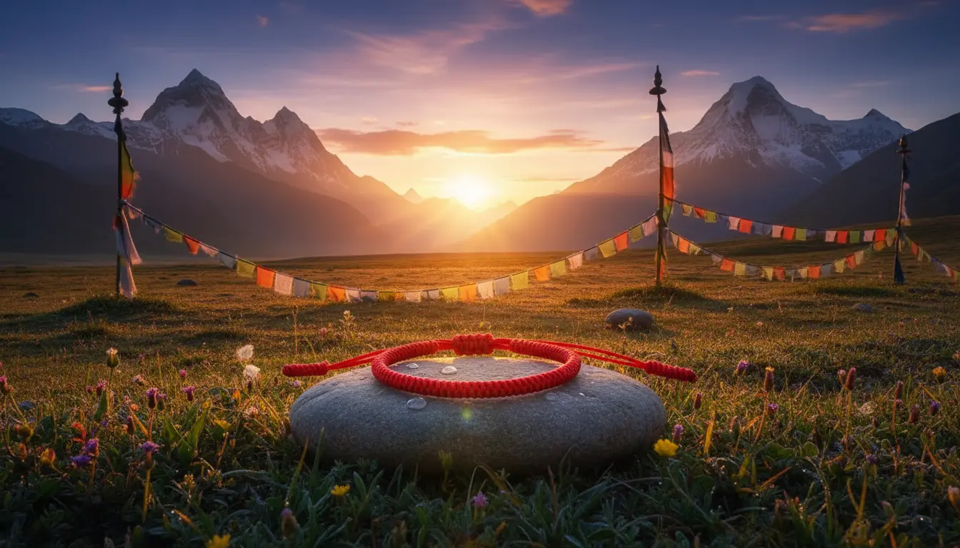 Red Tibetan Buddhist Lucky Rope Bracelet Himalayan Sunset Prayer Flags Mountain Valley Red tibetan buddhist lucky rope bracelet himalayan sunset prayer flags mountain valley