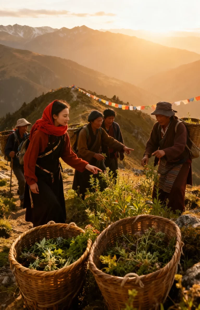The founder and tibetan craftsmen collect materials outdoors