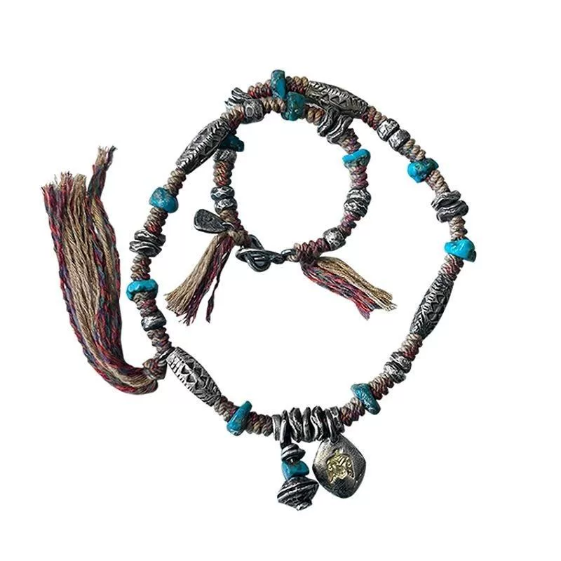 Tibetan Amulet Necklace Full Set – Turquoise Stones, Silver Beads, and Tassels-1 Tibetan amulet necklace full set – turquoise stones, silver beads, and tassels 1