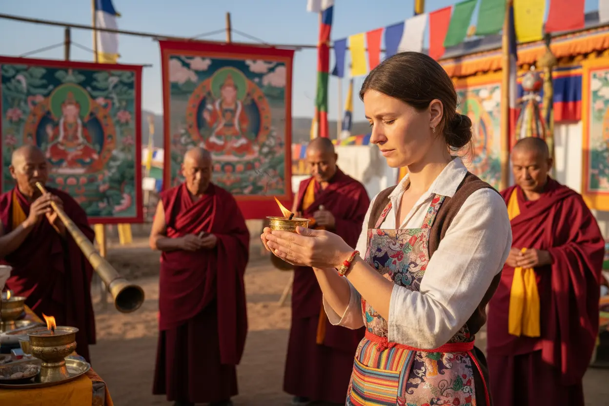 Tibetan Blessing Bracelet in Buddhist Ceremony Setting Tibetan blessing bracelet in buddhist ceremony setting