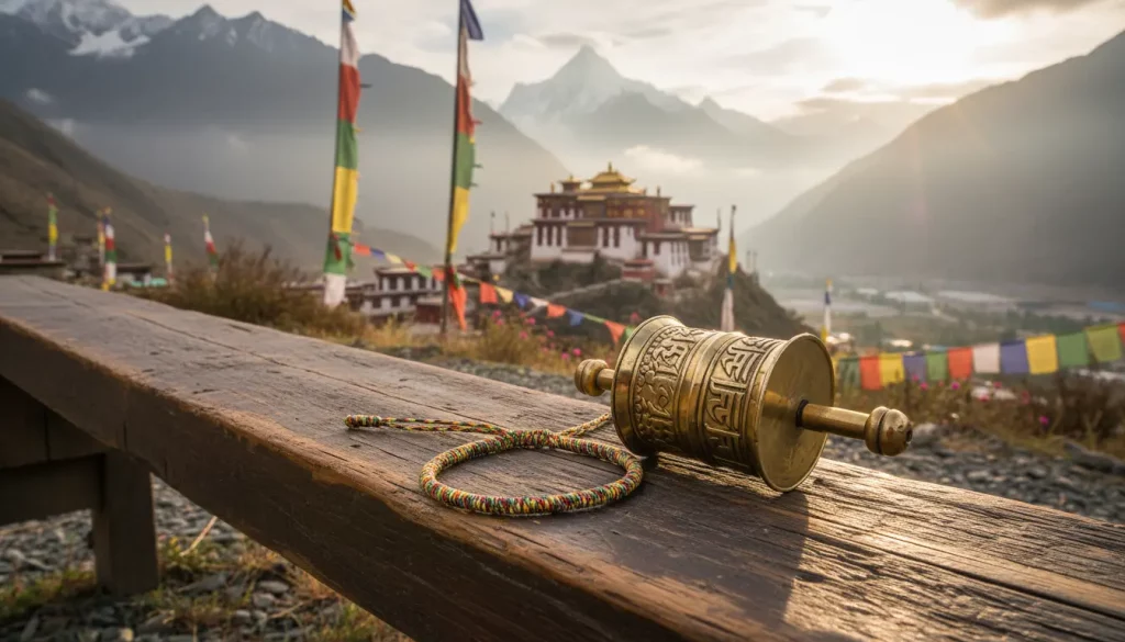 Tibetan Buddhist Prayer Wheel Lucky Rope Bracelet Mountain Monastery Setting Tibetan Buddhist Prayer Wheel Lucky Rope Bracelet Mountain Monastery Setting