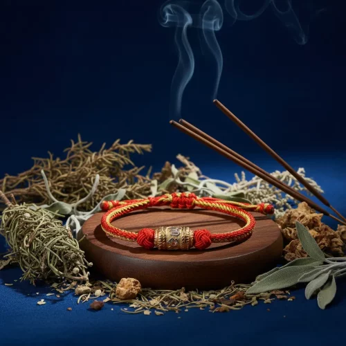 Tibetan lucky bracelet with incense smoke on blue background