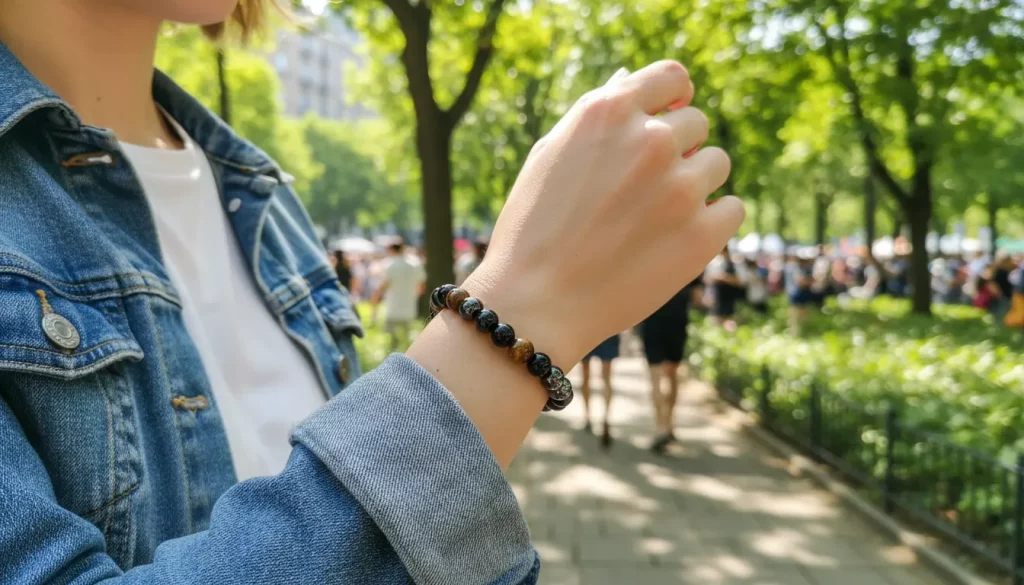 Tiger Eye Bracelet Worn Outdoors in Nature Tiger Eye Bracelet Worn Outdoors in Nature