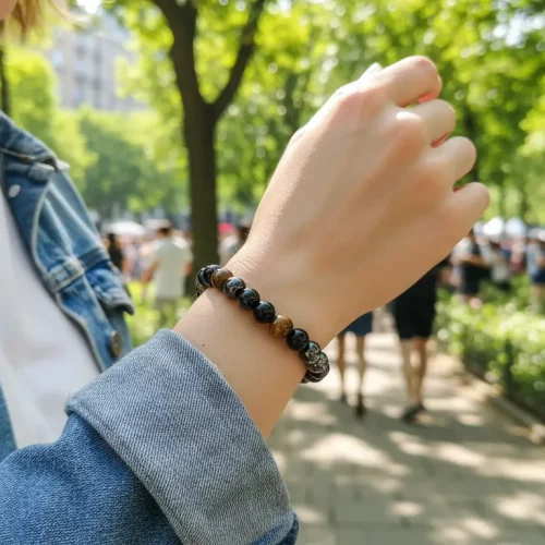 Tiger eye bracelet worn outdoors in nature