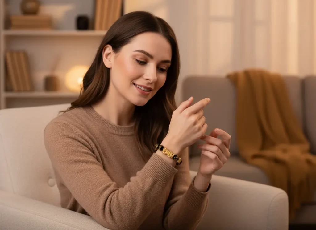 Woman Admiring Pixiu Wealth Bracelet Woman Admiring Pixiu Wealth Bracelet