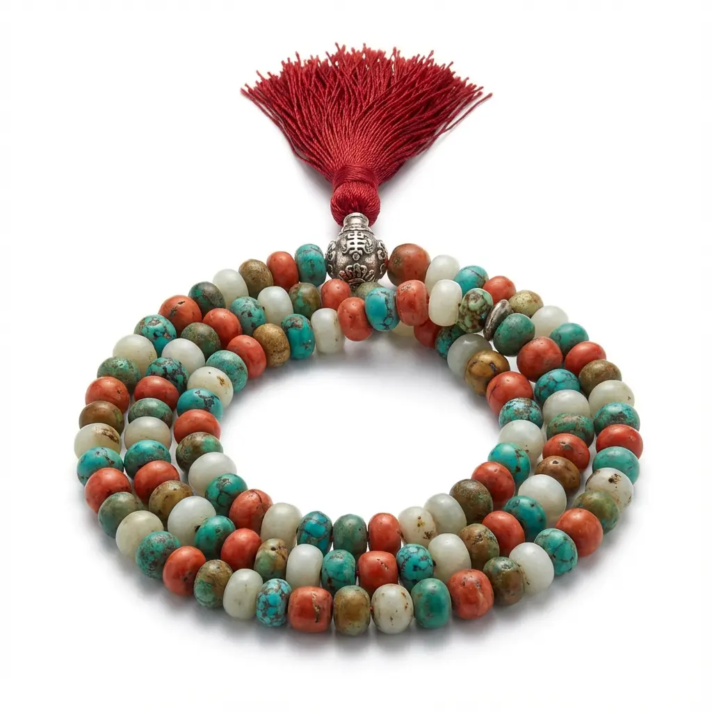 108 bead tibetan mala bracelet with turquoise, coral, white jade & silver lotus guru bead