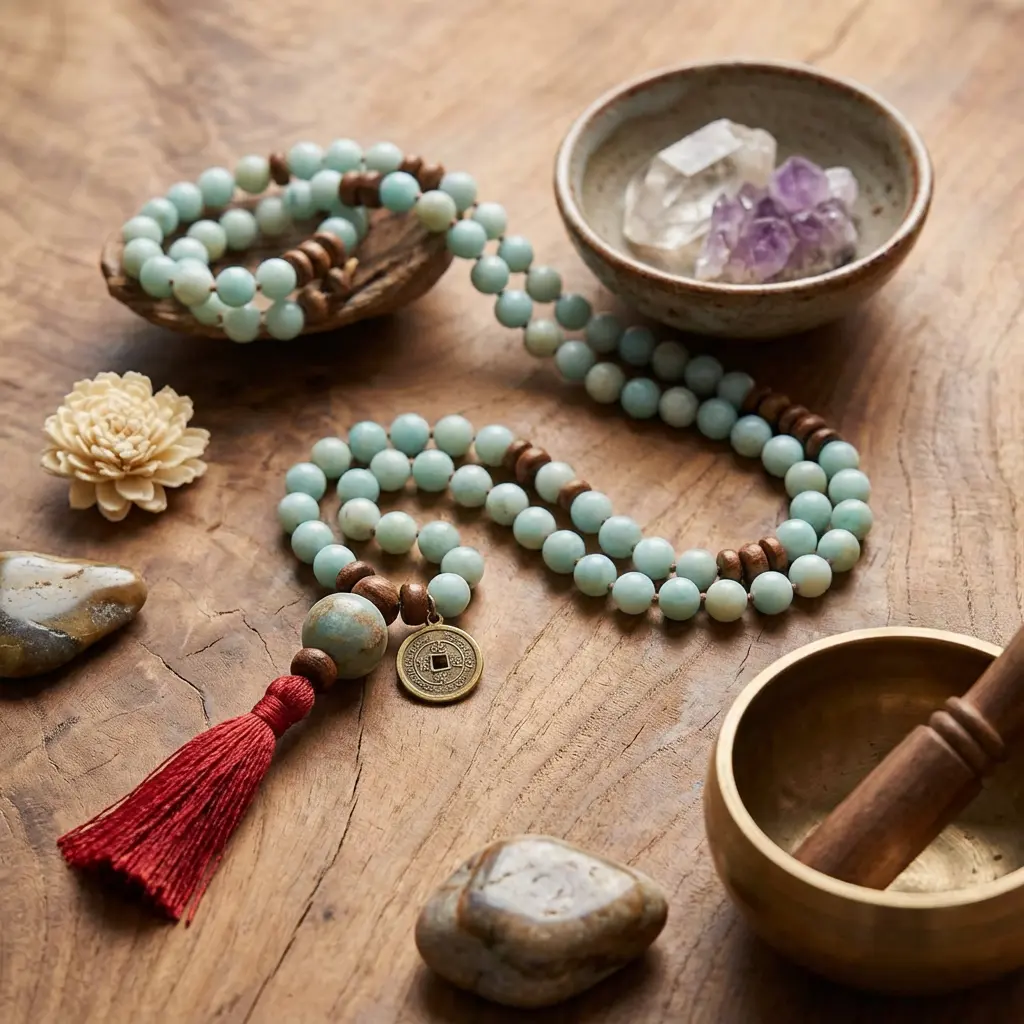 Amazonite crystal mala beads with chinese coin charm feng shui meditation necklace
