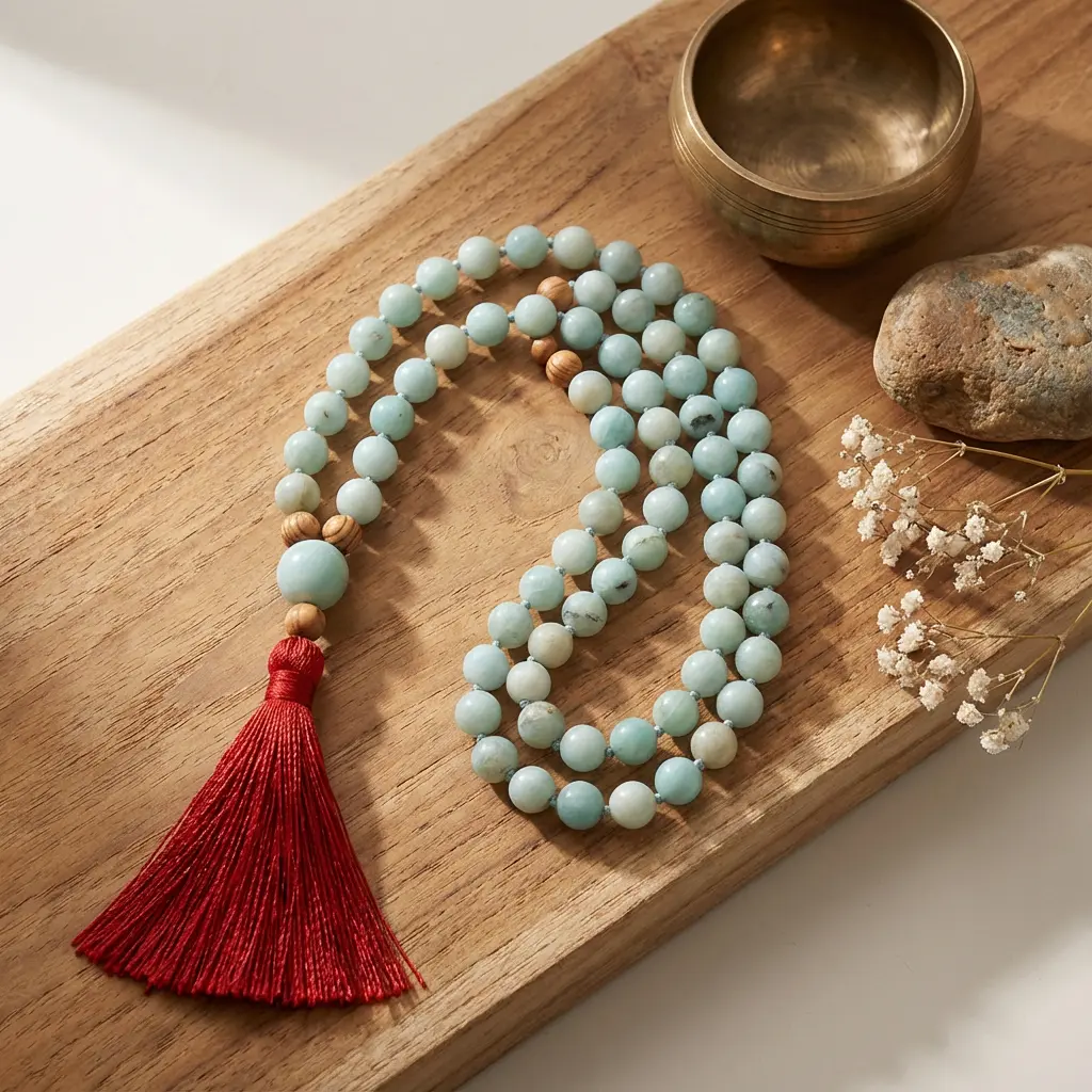 Amazonite mala beads 108 with red tassel on wood tray meditation necklace