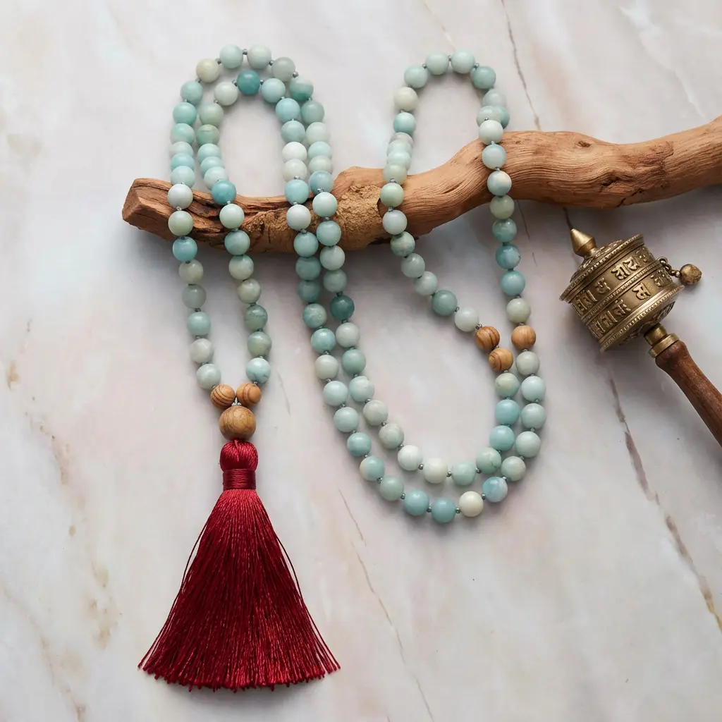 Amazonite meditation mala 108 beads with tibetan prayer wheel buddhist jewelry