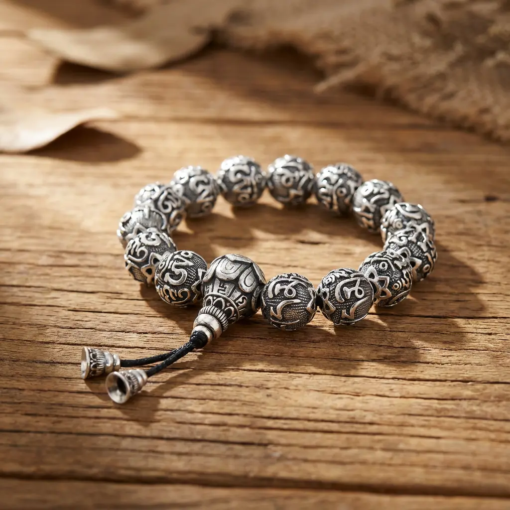 Antique silver om mani padme hum mala bracelet tibetan buddhist prayer beads