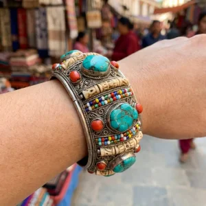 Authentic tibetan market silver cuff bracelet with turquoise coral and bone beads handmade nepal himalayan jewelry
