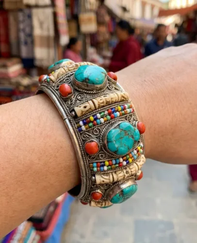 Authentic tibetan market silver cuff bracelet with turquoise coral and bone beads handmade nepal himalayan jewelry