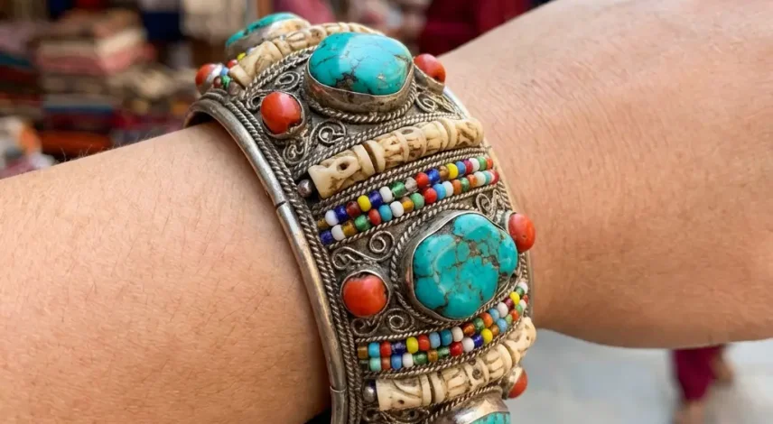 Authentic Tibetan Market Silver Cuff Bracelet with Turquoise Coral and Bone Beads - Handmade Nepal Himalayan Jewelry Authentic tibetan market silver cuff bracelet with turquoise coral and bone beads handmade nepal himalayan jewelry