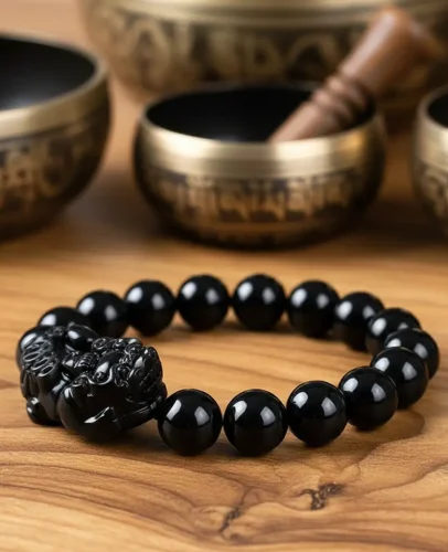 Black Obsidian Pixiu Bracelet with Tibetan Singing Bowls Black obsidian pixiu bracelet with tibetan singing bowls