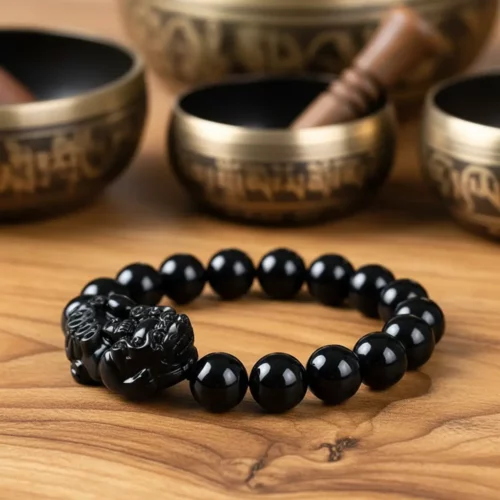 Black obsidian pixiu bracelet with tibetan singing bowls