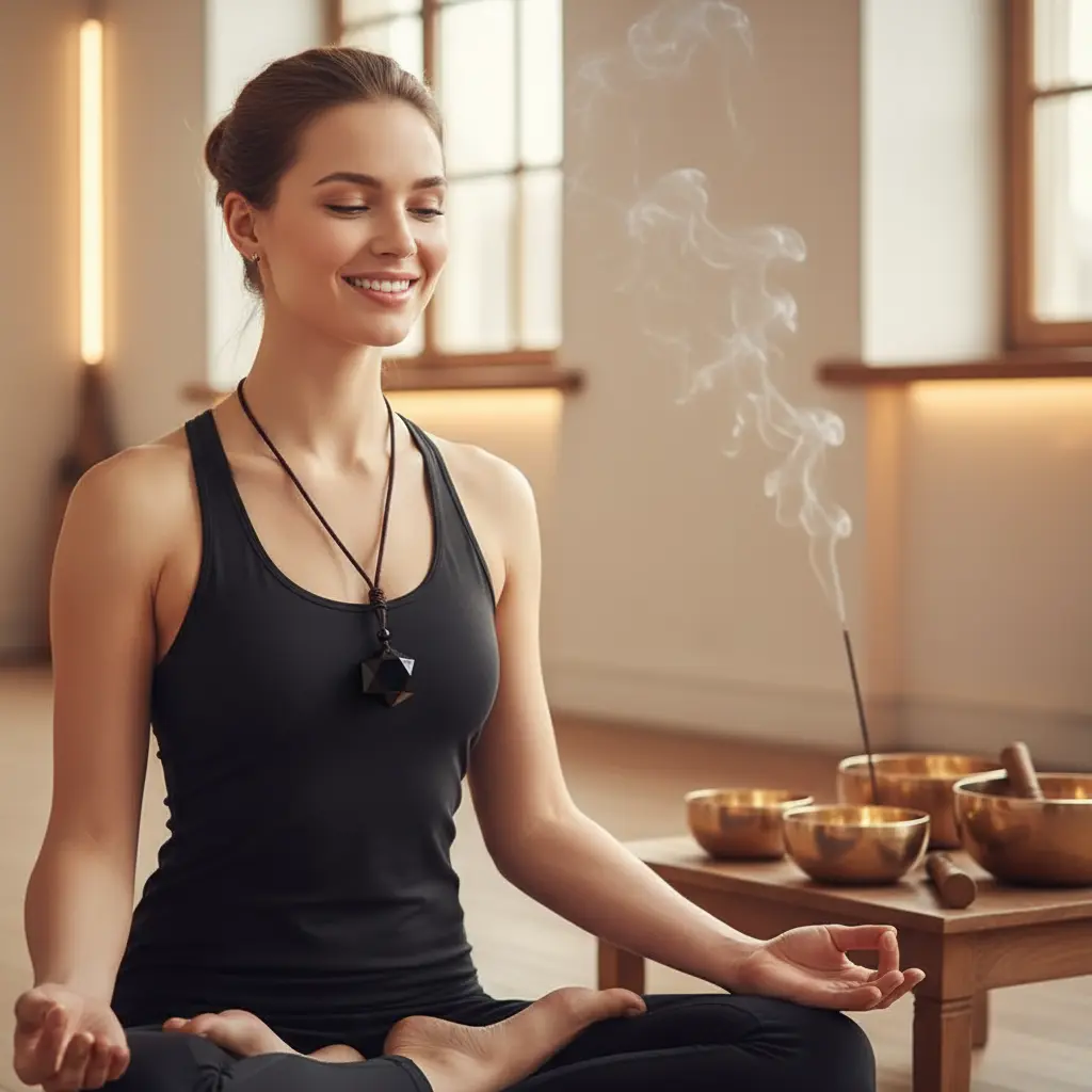 Black Obsidian Protection Necklace Yoga Studio Lifestyle Black obsidian protection necklace yoga studio lifestyle