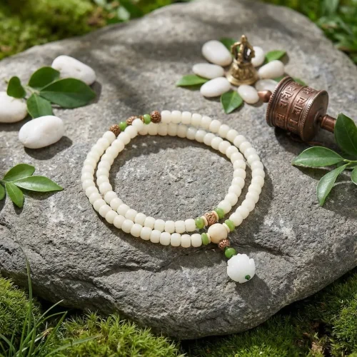 Bodhi seed prayer beads with jade lotus on natural stone with prayer wheel