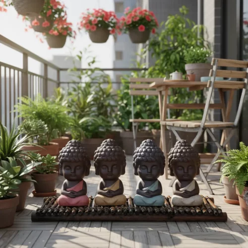 Four Buddha statue ornaments on wooden deck balcony surrounded by potted plants, flowering baskets and outdoor furniture in bright natural daylight