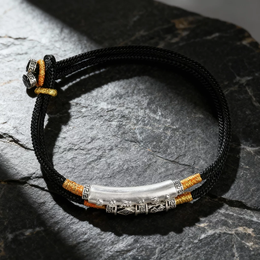 Buddhist Prayer Bracelet with Silver Mantra Bead - Natural Stone Setting Buddhist prayer bracelet with silver mantra bead natural stone setting