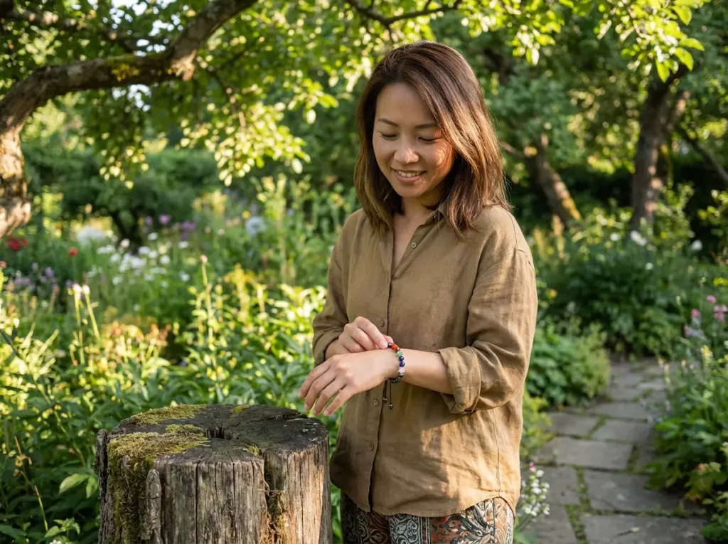 Chakra Bracelet Lifestyle Photo - Woman in Botanical Garden Chakra bracelet lifestyle photo woman in botanical garden