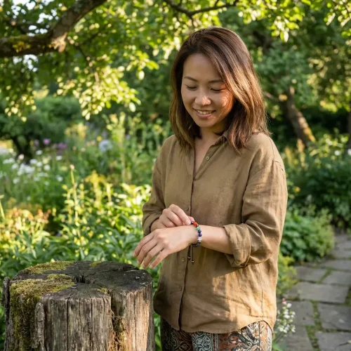 Chakra bracelet lifestyle photo woman in botanical garden