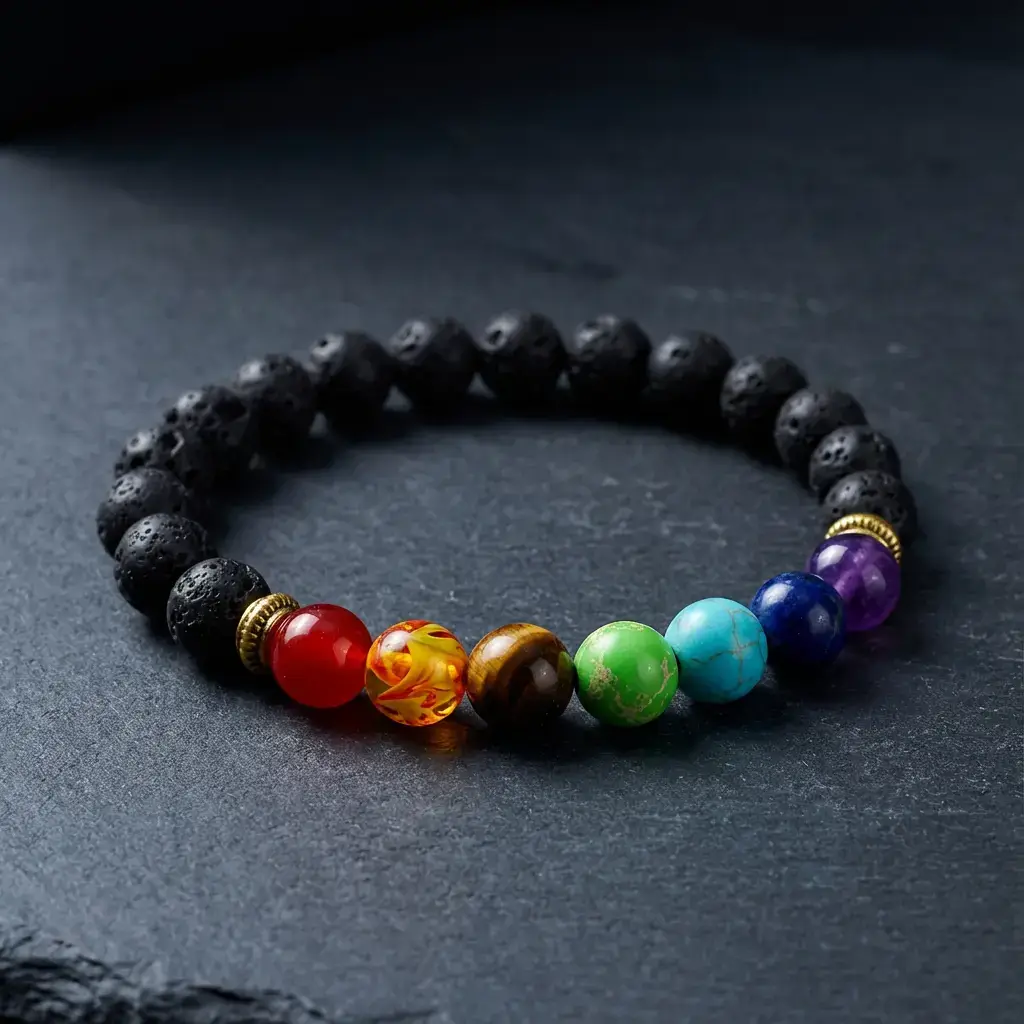 Chakra Energy Bracelet Product Close-Up on Dark Stone Background Chakra energy bracelet product close up on dark stone background
