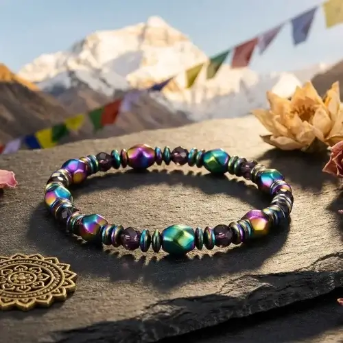 Chakra healing bracelet with mountain mandala setting