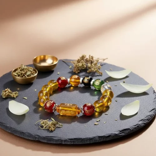 Citrine crystal bracelet on black display stand with close up detail​