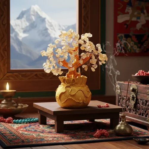 Citrine money tree in traditional asian feng shui decor