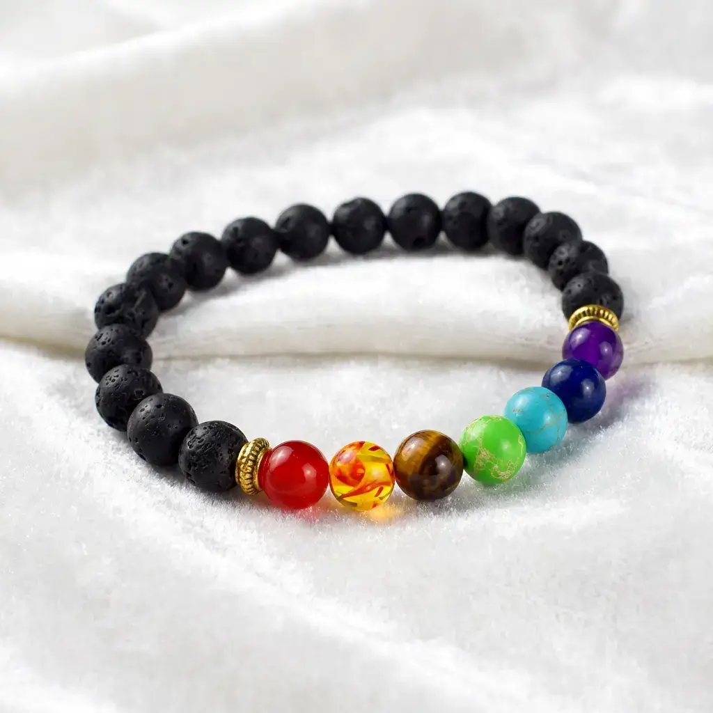 Cozy Yoga and Meditation Scene Featuring Chakra Bracelet and Crystals Cozy yoga and meditation scene featuring chakra bracelet and crystals