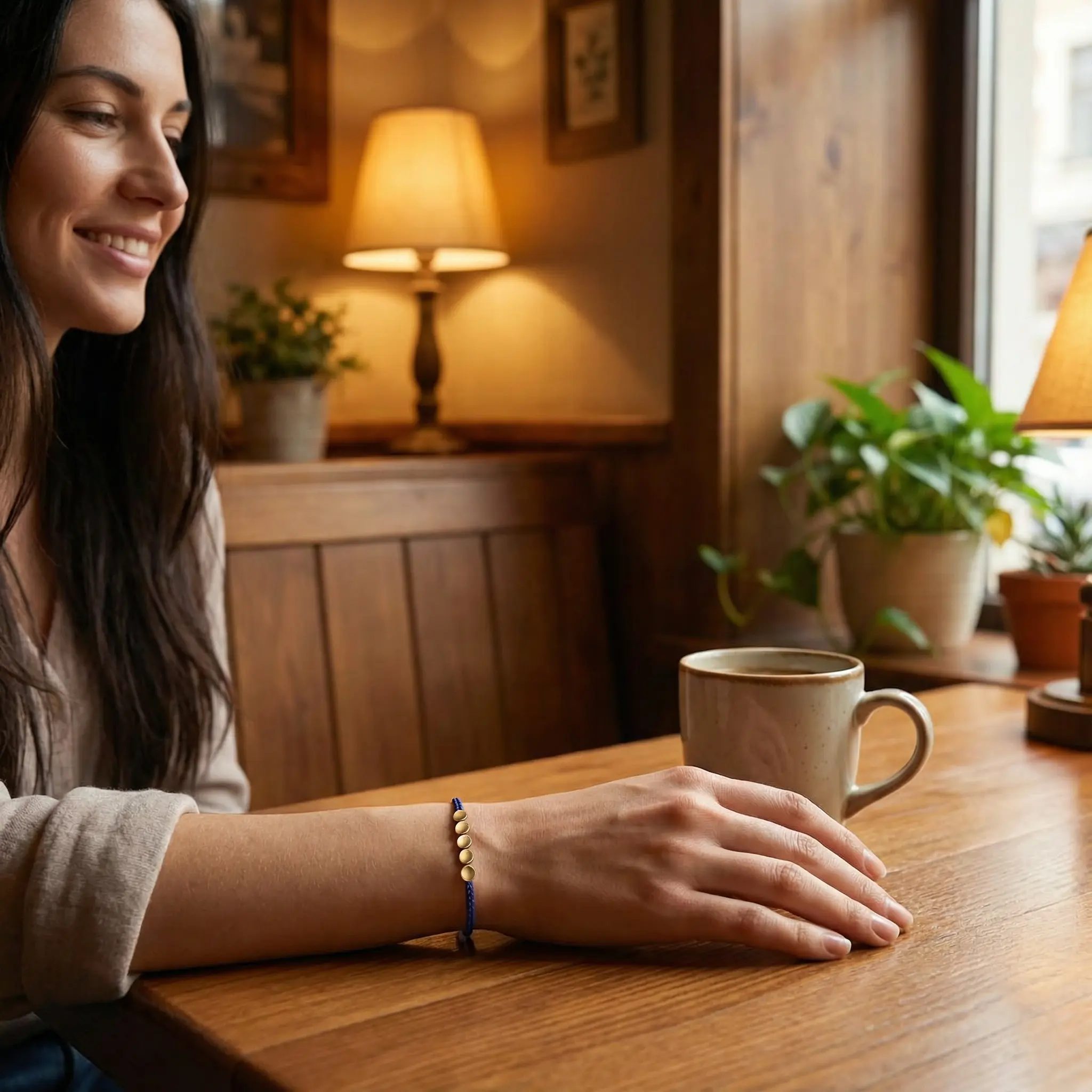 Daily Wear Buddhist Bracelet - Coffee Shop Lifestyle Scene Daily wear buddhist bracelet coffee shop lifestyle scene